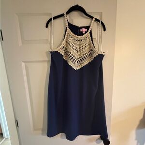Navy Halter Dress with Gold Crochet Yoke